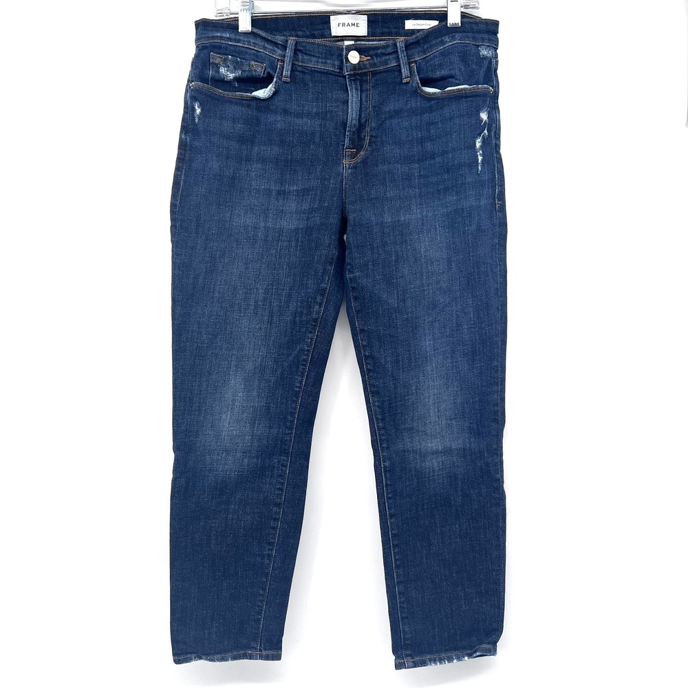 FRAME Womens 29 Dark Wash Le Garcon Crop Mid-Rise Distressed Denim Jeans Stretch